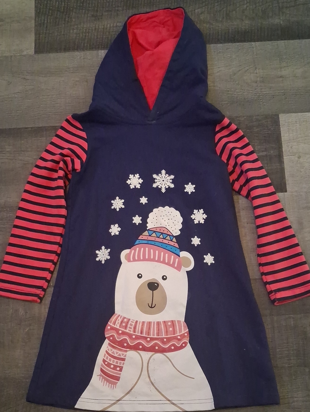 Navy Hooded Dress with Polar Bear Graphic and Pink Striped Sleeves